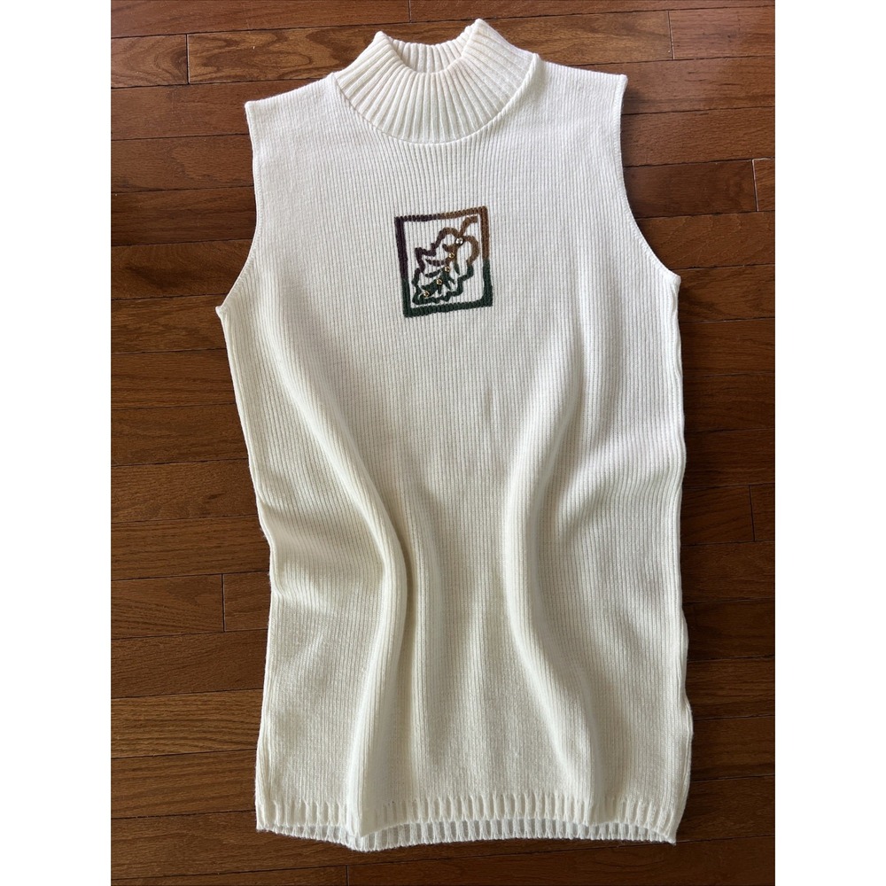 Vintage Focus USA Embellished Ivory Knit Sweater Vest Mock Neck One Size